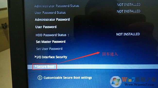 在Security選項(xiàng)下選擇Secure Boot回車 在Security選項(xiàng)下選擇Secure Boot回車