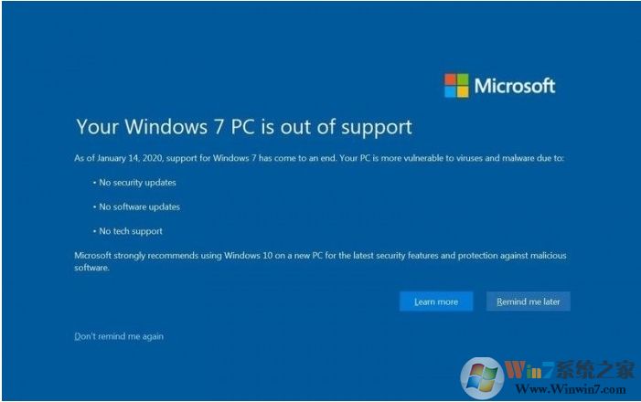 Win7結(jié)束支持后催促升級Win10全屏警告圖片曝光！有點像藍屏