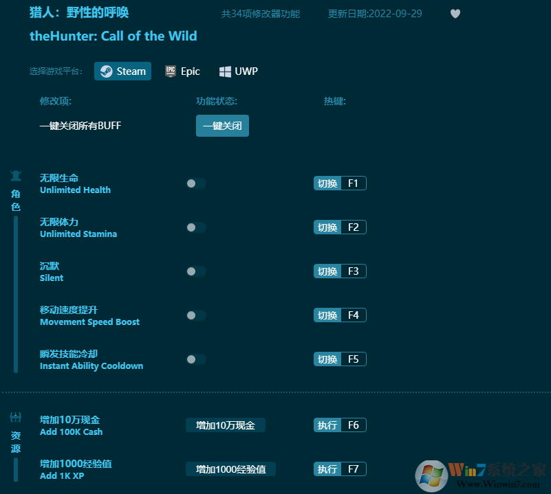 獵人野性的呼喚三十四項修改器 V22.10多平臺通用版