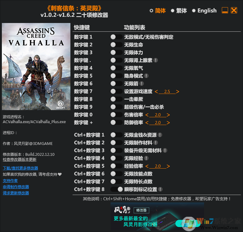 刺客信條英靈殿修改器3DM版(二十項(xiàng))